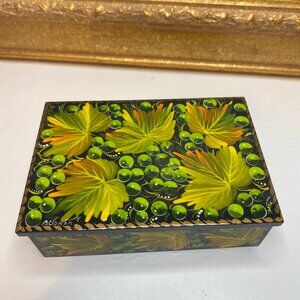 Lacquered Wood Box Green Leaves Rectangle Hand Crafted in Ukraine Velvet Lining